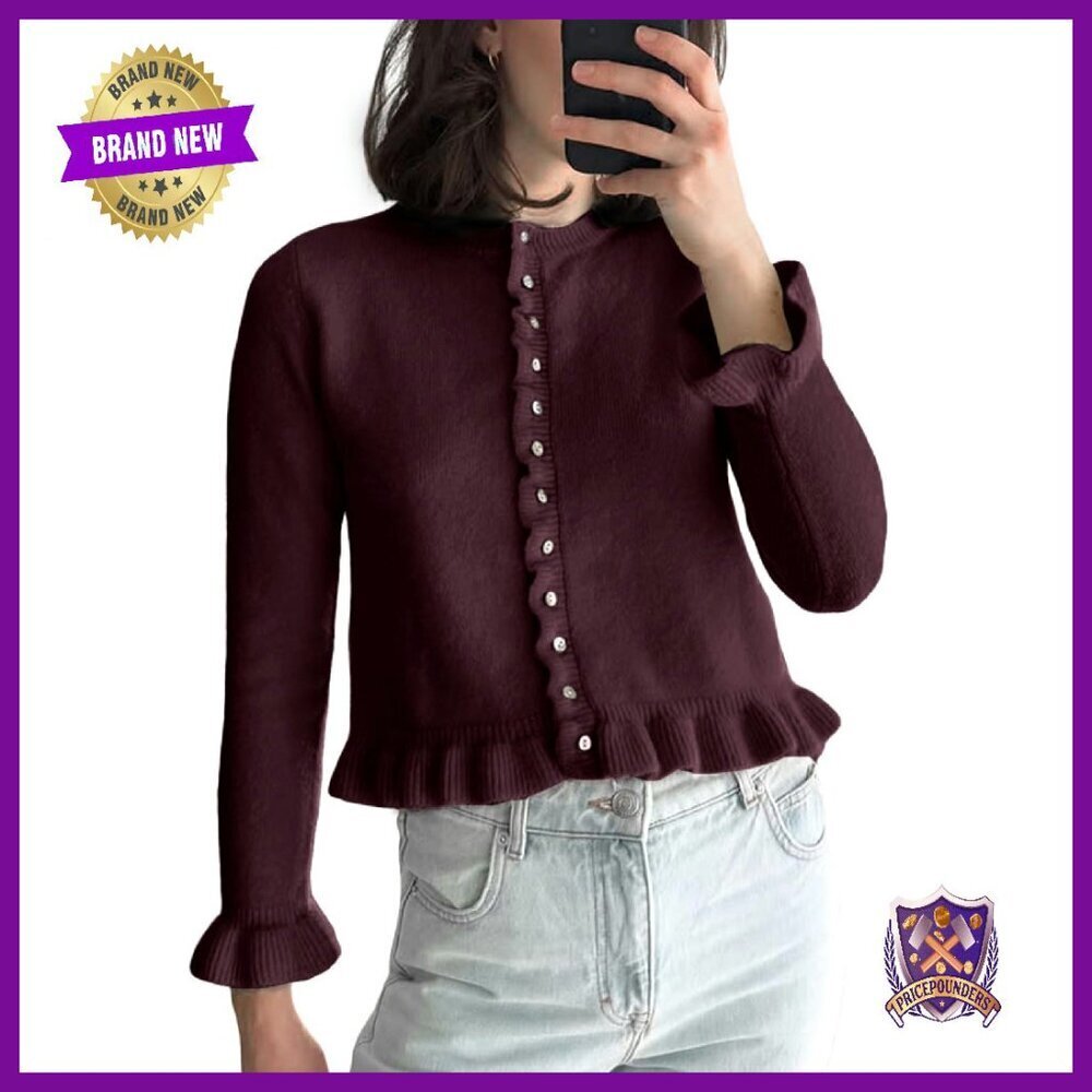 Cropped Button-Down Cardigan Sweater, Soft Knit, Slim Fit, Long Sleeves